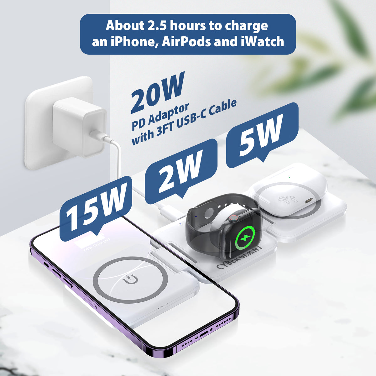 CYBERGIANT 3-in-1 Wireless Foldabe Charger Set for iPhone, Earpod and iWatch including USB-C Adaptor and Carrying Case