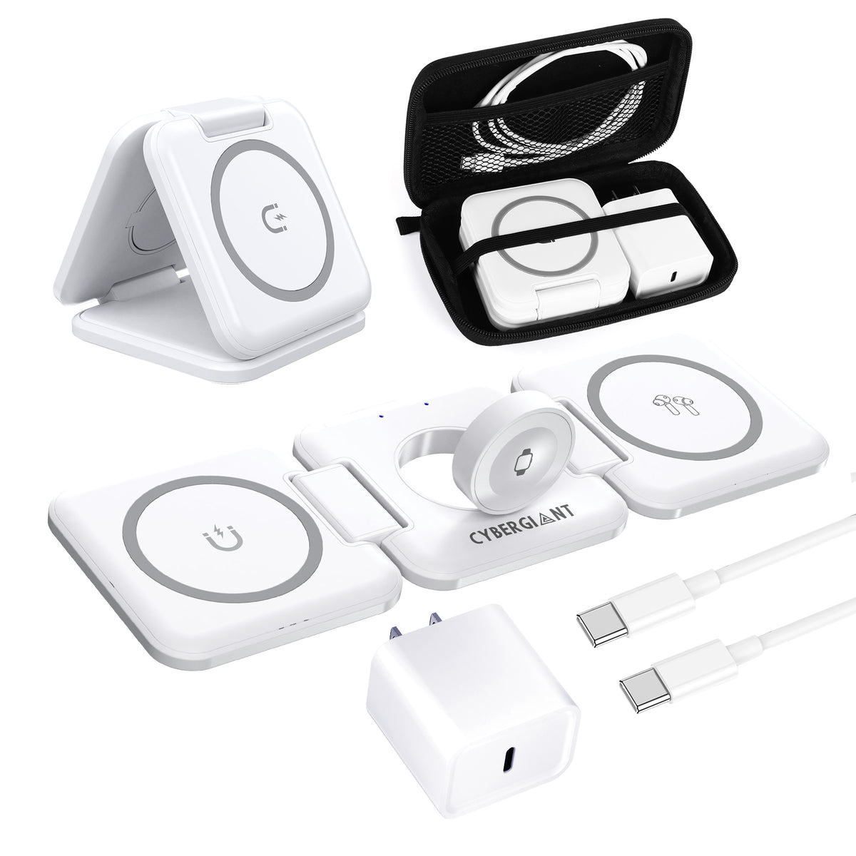 CYBERGIANT 3-in-1 Wireless Foldabe Charger Set for iPhone, Earpod and iWatch including USB-C Adaptor and Carrying Case