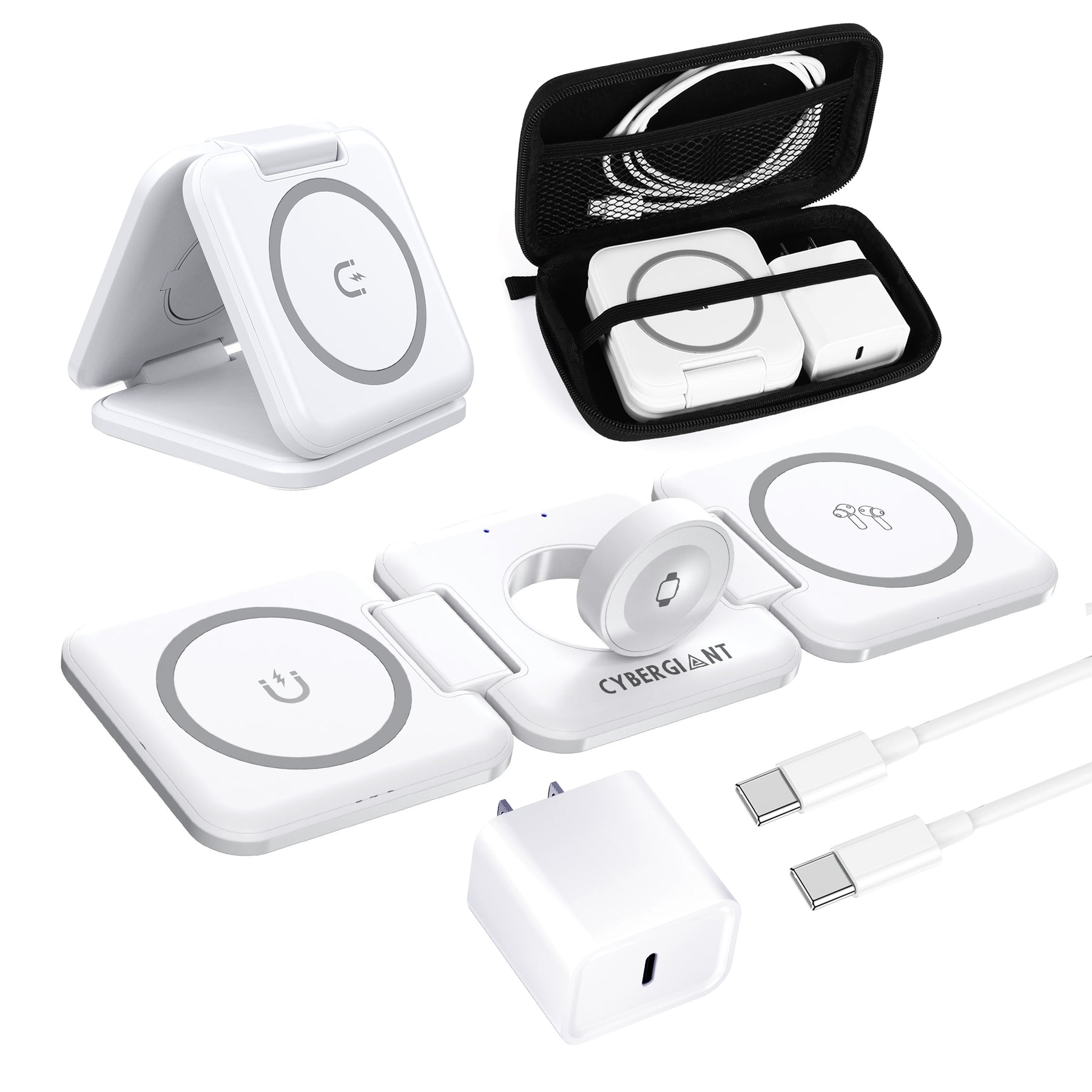 CYBERGIANT 3-in-1 Wireless Foldabe Charger Set for iPhone, Earpod and iWatch including USB-C Adaptor and Carrying Case