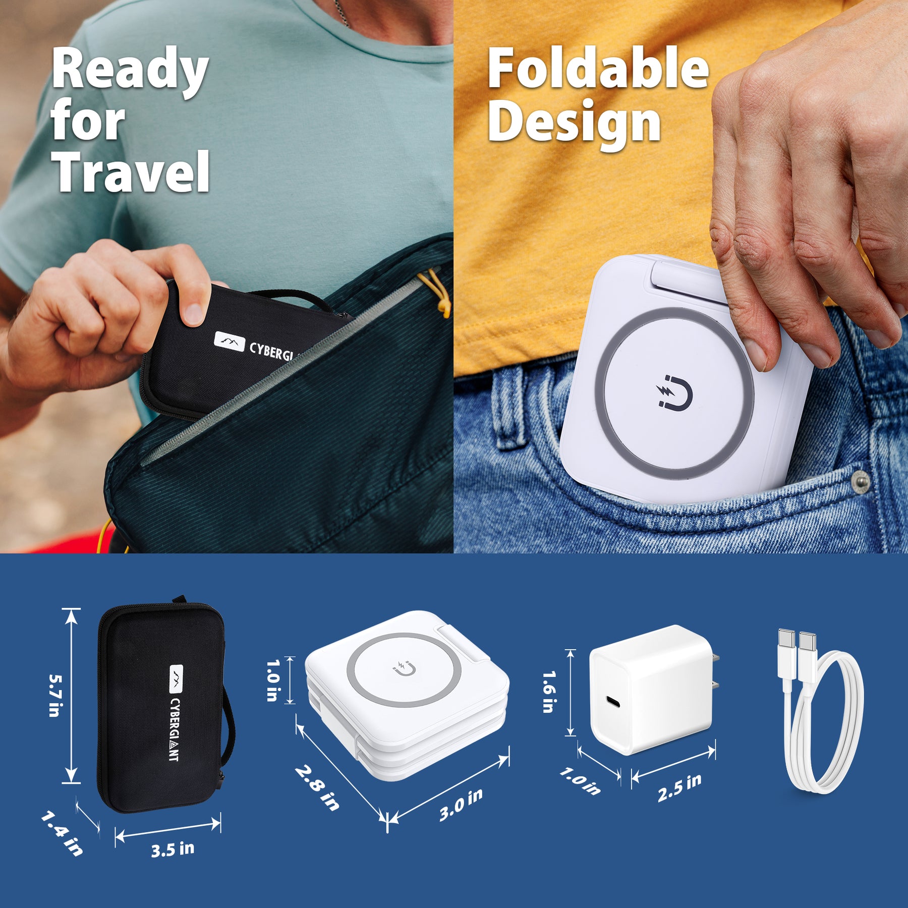 CYBERGIANT 3-in-1 Wireless Foldabe Charger Set for iPhone, Earpod and iWatch including USB-C Adaptor and Carrying Case