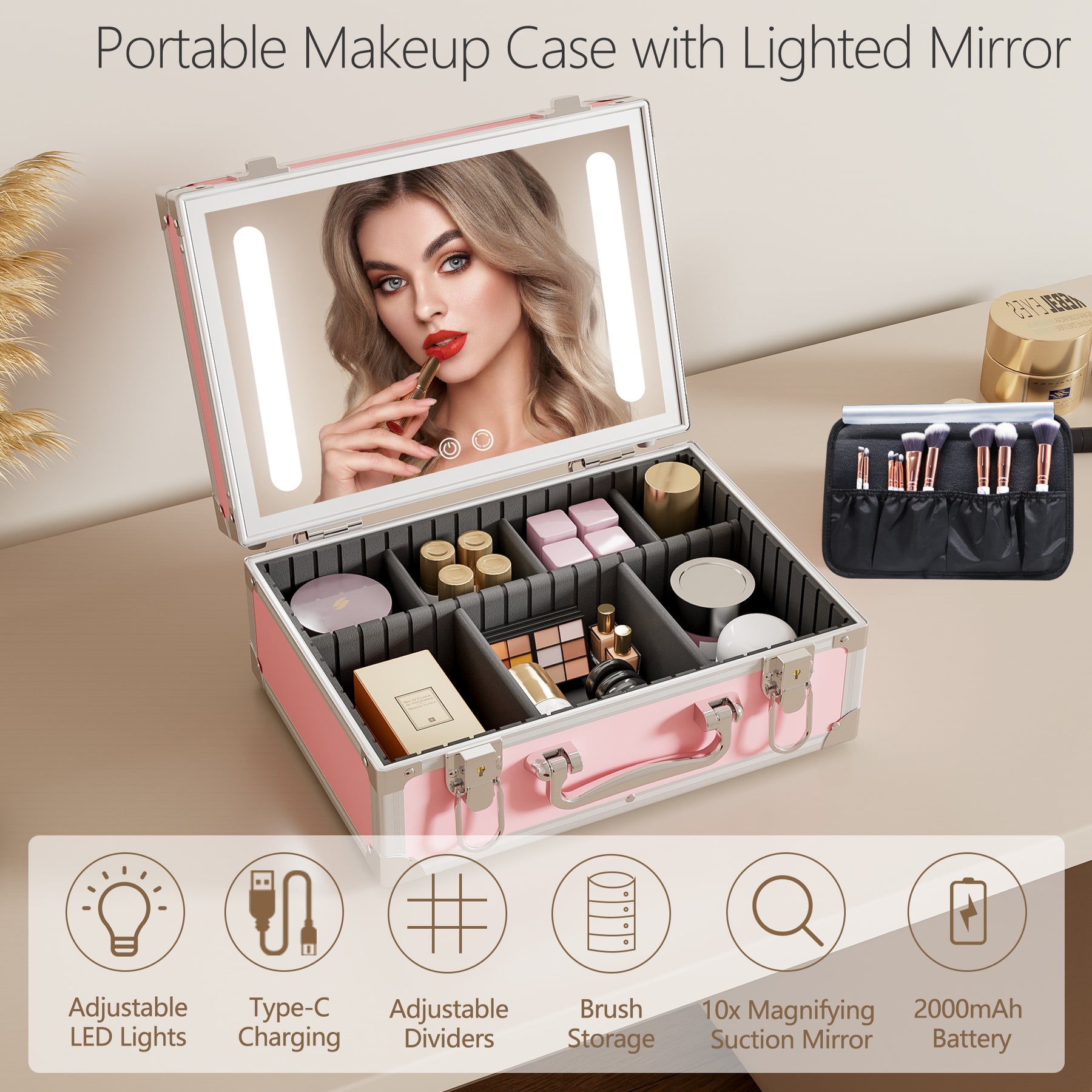 CYBERGIANT Travel Makeup Organizer with Built-in Adjustable LED Mirror